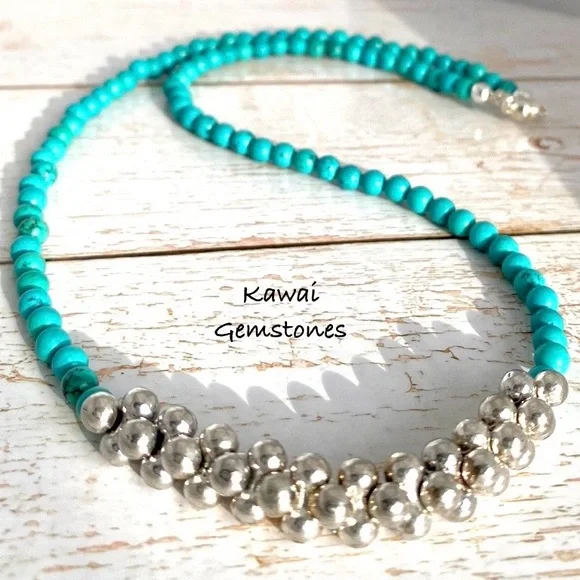 Turquoise and Silver Plated Beaded Necklace - Picture 1 of 4